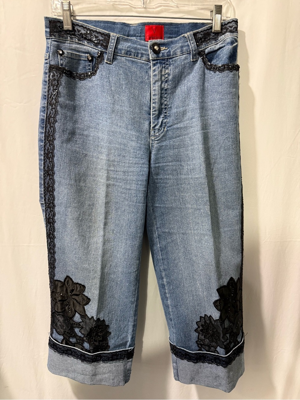 Christina Light Blue Denim Cropped Jeans with Black Lace & Floral Appliqué